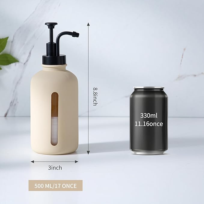 Enra Glass Soap Dispenser with Window,17oz Beige Hand Soap Dispenser Stainless Steel Hand Pump,Liquid Soap Dispenser Countertop Lotion Bottle for Bathroom Kitchen(Liquid-Beige)