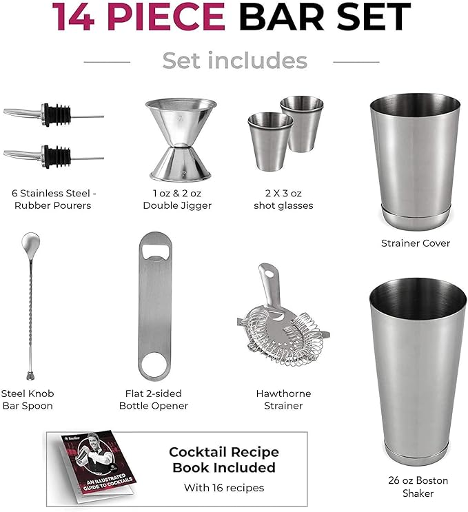 Expert Cocktail Shaker Home Bar Set - 14 Piece Stainless Steel Bar Tools Kit with Shaking Tins, Flat Bottle Opener, Double Bar Jigger, Hawthorne Strainer, Shot Glasses, Bar Spoon, and 6 Pour Spouts.