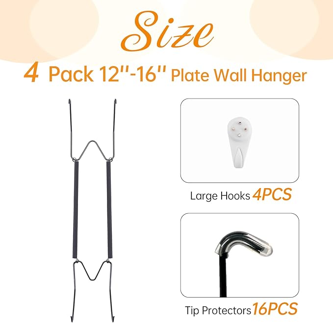Bilillo 4 Pack Plate Hangers for The Wall, Suitable for 12-16 Inch Decorative Plate,Invisible Heavy Duty Wire Plate Holder with Wall Hooks, Plate Hangers for Displaying Plates, Platter, Dish (Black)
