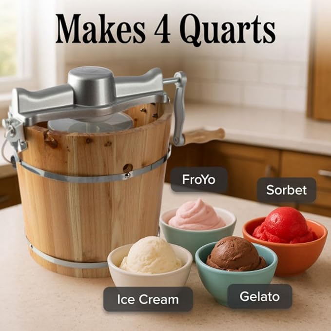 Electric Ice Cream Maker Machine - 4 Quart Old Fashioned Icecream Maker with Hand Crank and Electric Paddle - Pine Wood Bucket Ice Cream Machine for Frozen Yogurt, Gelato, Sorbet by Classic Cuisine