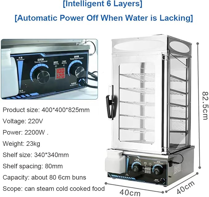 6-Layer Commercial Electric Steamer 2200W Electric Steamed Bun Machine 30-110℃ Temperature Range Anti-Dry Burning Food Steamer Warmer for Store Buffet