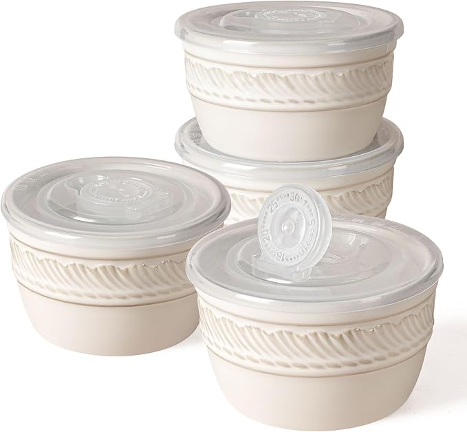 Artena Ramekins with Lids, Creme Brulee Ramekins Oven Safe, Ceramic Pudding Cups, Souffle Cups, Custard Cups, Dipping Sauce Cups, Food Storage Containers with Lids, Set of 4 (Willow Leaf, 4 oz)