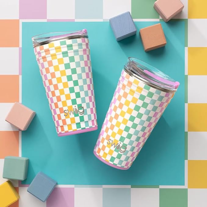 Swig Life 24oz Party Cup, Stackable Insulated Travel Coffee Tumbler with EZ Slider Lid, Cup Holder Friendly, Stainless Steel 24 oz Tumbler, Reusable Coffee Mug (Check Mate)