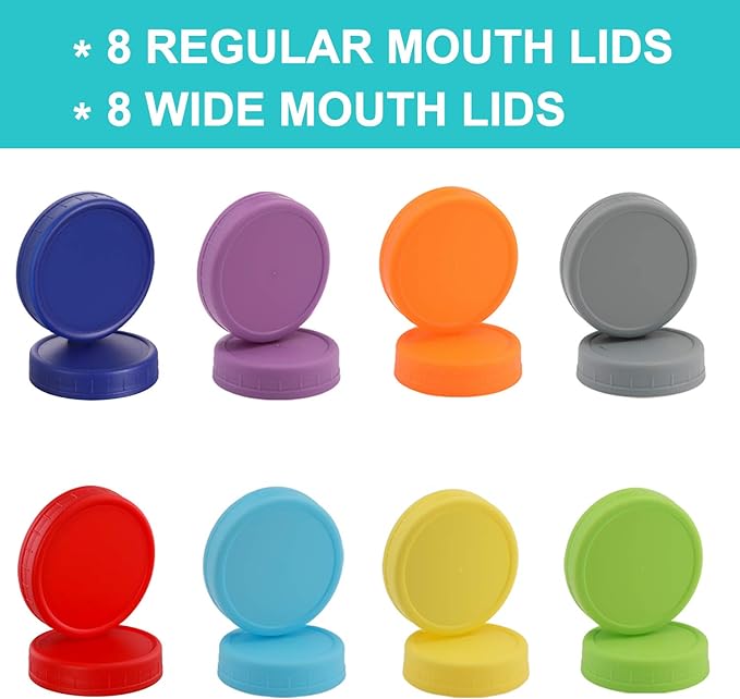 AOZITA 16 Pack Plastic Mason Jar Lids Fits Ball, Kerr & More - 8 Wide Mouth & 8 Regular Mouth - Colored Storage Caps for Canning Jars, Dishwasher Safe & Food Grade & Leakproof