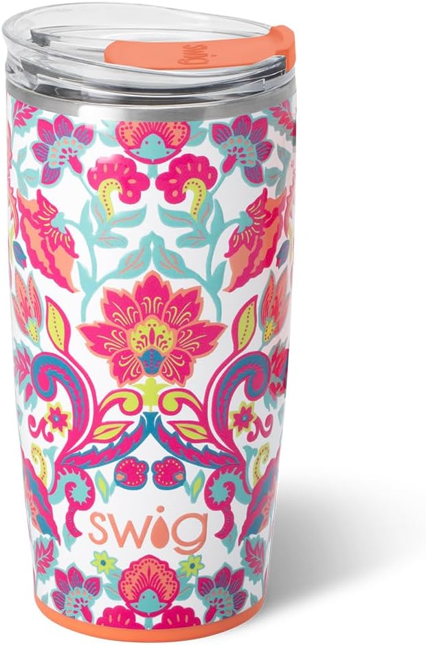 Swig Life 22oz Insulated Tumbler, Travel Coffee Tumbler with Lid, Cup Holder Friendly Travel Coffee Mug, Stainless Steel, 22 oz Tumblers, Reusable Insulated Mug with Lid (Flourish)