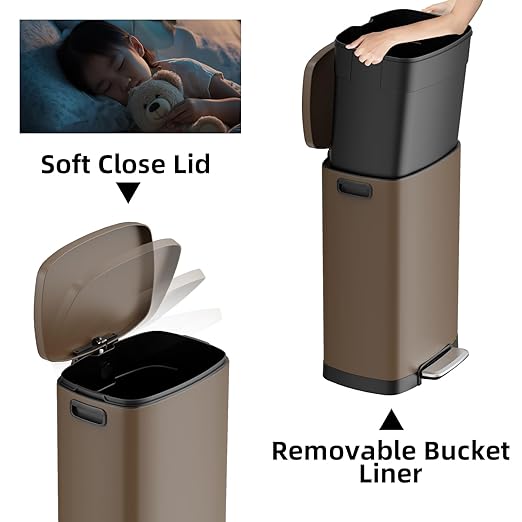 KdbK 13 Gallon Trash Can with Lid, 50L Fingerprint Proof Stainless Steel Kitchen Trash Can with Removable Inner Bucket and Lid Soft Close, Pedal Rubbish Bin for Home Office, Brown