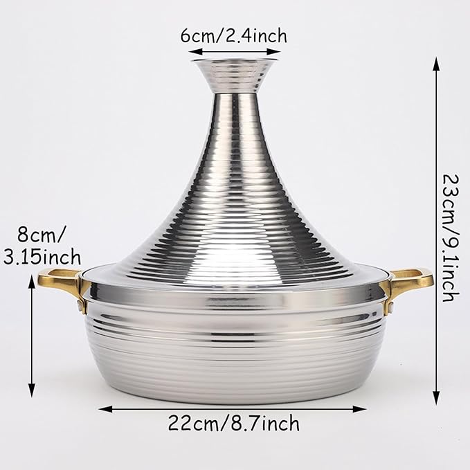 Moroccan Tagine Cooking Pot,Stainless Steel Non Stick Moroccan Casserole with 2 Handles,Large Moroccan Cooker Handmade Tagine Pot with Cone-Shaped Lid(22cm, Silver)