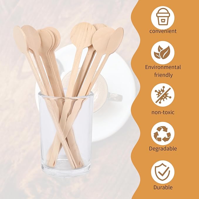 Mozeat Lens 6 Inch Disposable Milk Drink Stirrers Wooden Coffee Stirrers Stir Sticks with Round Ends Wooden Coffee Stirrer Sticks for Coffee Milk Cocktail Tea (100PCS)