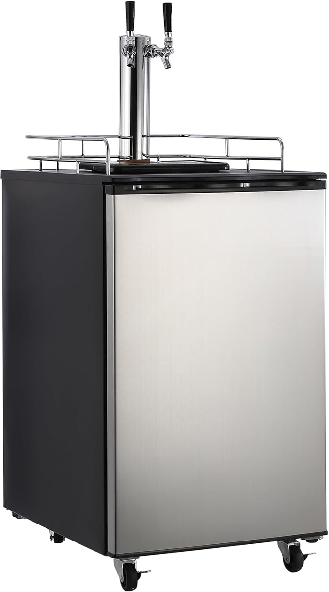 Kegerator and Keg Beer Cooler, Dual Tap Draft Beer Dispenser, Full Size Keg Refrigerator With Shelves, Stainless Steel, Drip Tray & Rail，silver