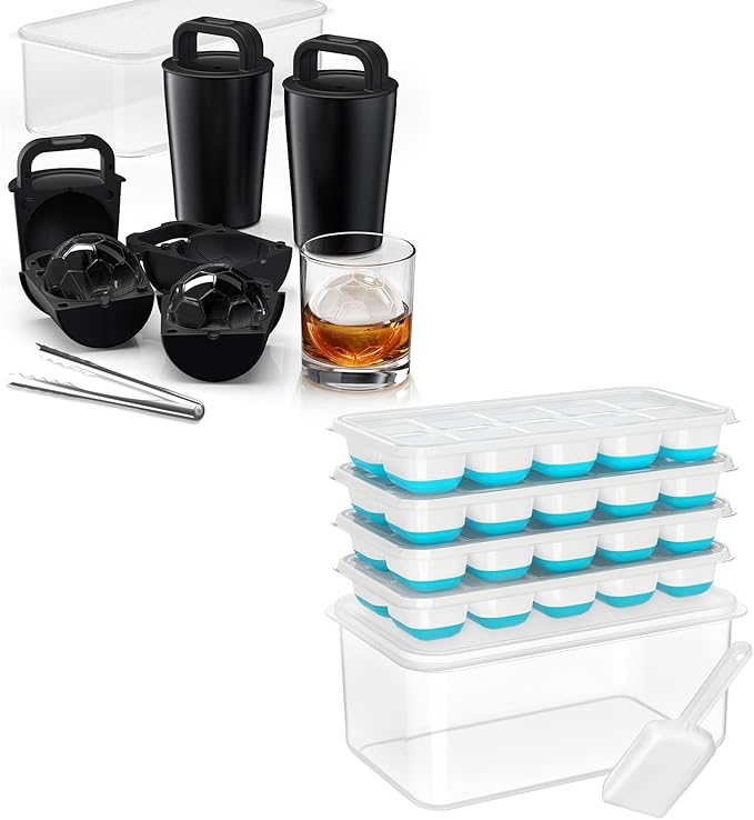 Ice Cube Tray with Lid and Bin - 4 Pack+Clear Ice Cube Maker 2.5"