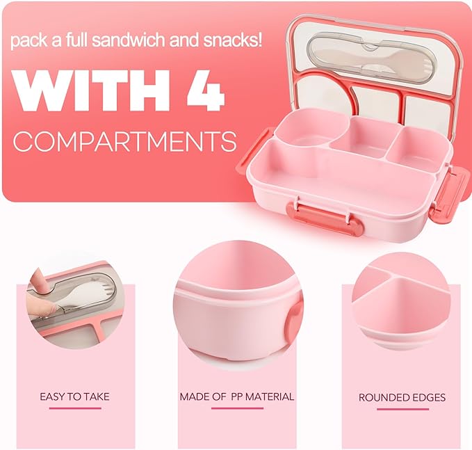 Bento Box for Adults,4 Compartments Lunch Box, Snack Containers Reusable Lunch Containers Drop-Proof, Dishwasher Safe & Made with BPA-Free Materials, Pink