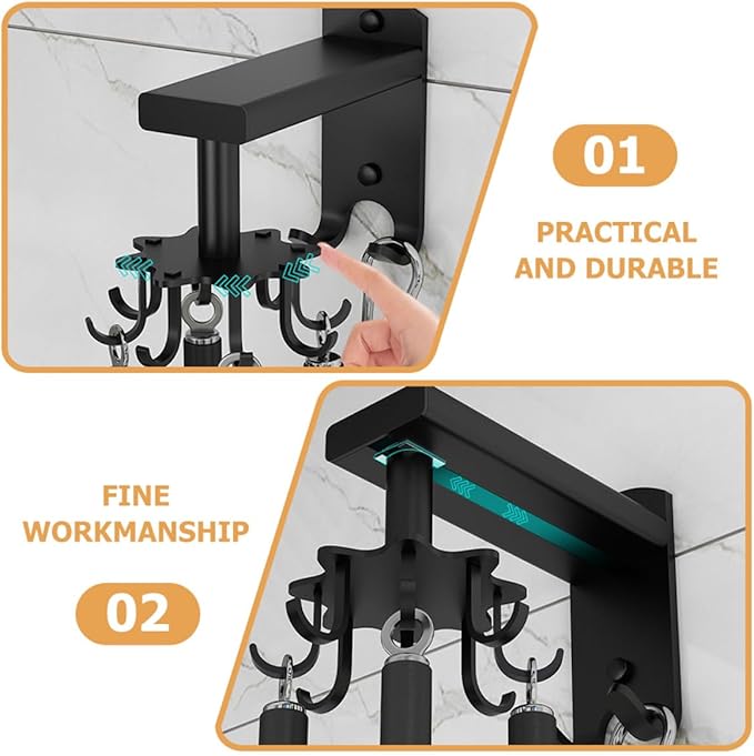 Cabilock Rotatable 8-Claw Wall Mounted Hanger Kitchen Utensil Hook Black Space Aluminum 360-degree Swivel Organizer for Cup and Sundries Storage