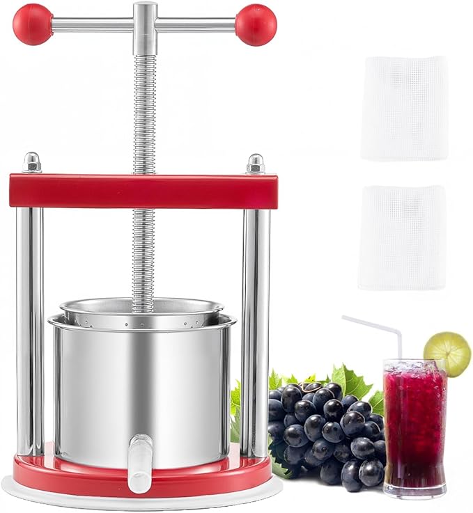 VEVOR 0.44 Gal/1.65L Fruit Wine Press, 2 Stainless Steel Barrels, Manual Juice Maker, Cider Apple Grape Tincture Honey Olive Oil Making Press with T-Handle for Outdoor Kitchen Home