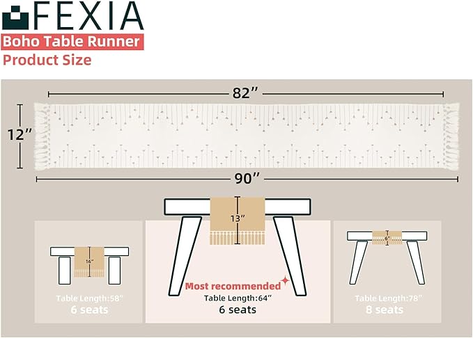 FEXIA Boho Table Runner with Tassels 90 Inches Long for Home Decor Macrame Room Decor Farmhouse Rustic Table Runners for Dining Bedroom Bridal Shower (12x90 Inches)