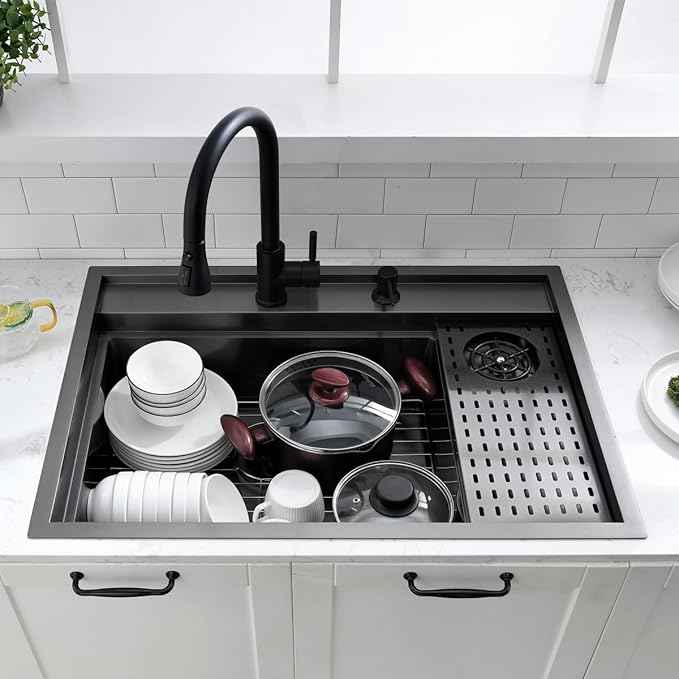 33 Inch Black Drop In Kitchen Sink Workstation with Glass Rinser -VOKIM 33x22 Drop In sink Workstation Stainless Steel 16 Gauge Deep Single Bowl Kitchen Sink with Cup Washer