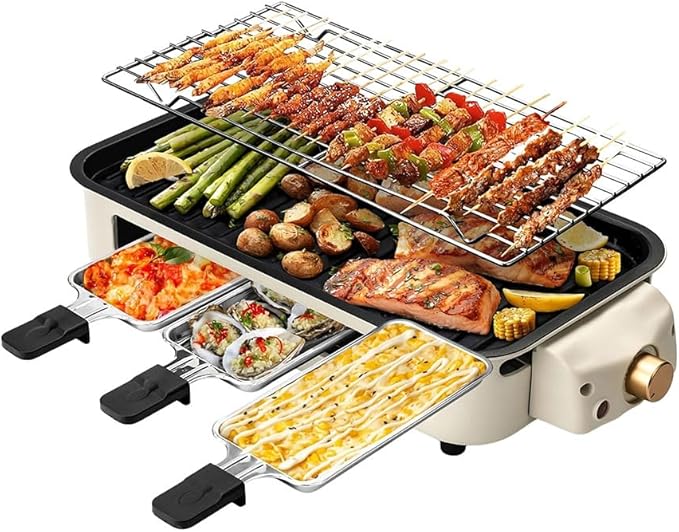 OVENTE 2-in-1 Electric Indoor Grill, 1500W Smokeless Korean BBQ Griddle with Non-Stick Removable Cooking Plate, 3 Raclette Cheese Pans, Adjustable Temperature Control, Dishwasher Safe, Beige BQR1502B