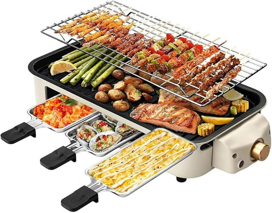 OVENTE 2-in-1 Electric Indoor Grill, 1500W Smokeless Korean BBQ Griddle with Non-Stick Removable Cooking Plate, 3 Raclette Cheese Pans, Adjustable Temperature Control, Dishwasher Safe, Beige BQR1502B