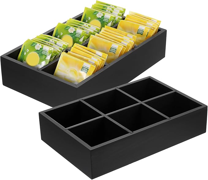 uxcell Tea Bag Organizer, 6 Compartments Pine Wood Tea Box with Handle, Tea Storage Organizer Holder for Tea Bags, Beverage Supplies Sugar Packet, Black