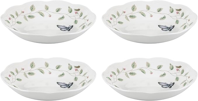 Lenox Pasta Bowls, 20oz Butterfly Meadow Pasta Bowl Set of 4, Service For 4, Porcelain, White Serving Bowls, Wide, Shallow, Lenox Butterfly Meadow Collection, Dishwasher/Microwave Safe (White 4-Piece)