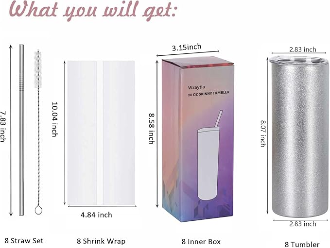 Glitter Sublimation Tumblers 20 Oz Skinny Straight, 8 Pack Sublimation Glitter Skinny Tumbler Blanks, Insulated Stainless Steel Tumbler, Silver