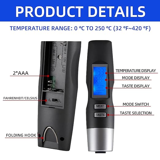 Digital Meat Thermometer Fork, Fast Read Grill Thermometer with LED Display and Stainless Steel Probes,Kitchen Probe with Long Fork,Suitable for Steak Chicken Pork Turkey Hot Grilled Food