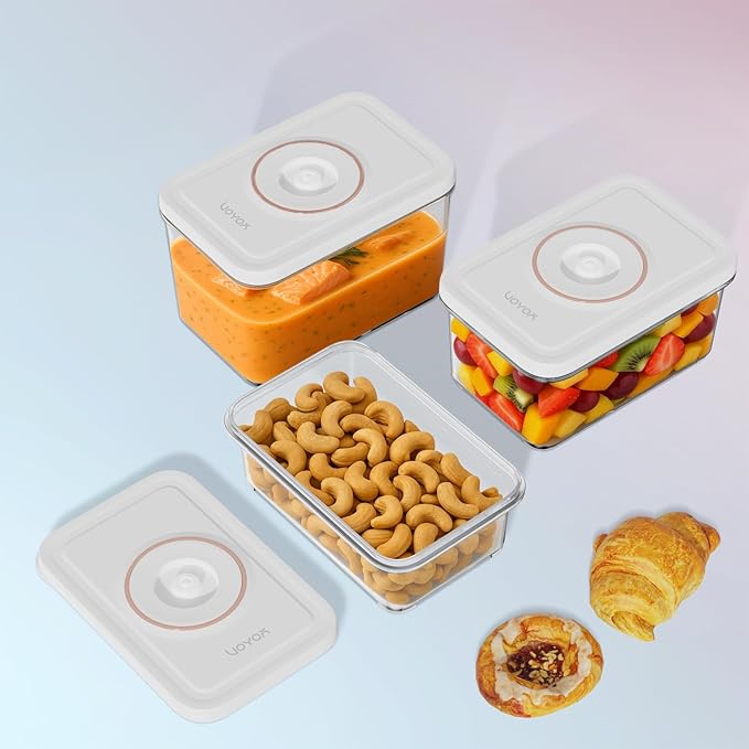VOYOR 3-Pack Vacuum Containers for Food Storage (S/M/L) – No Machine Included, ABS, Reusable, Rectangular, Airtight, Refrigerator Organization VS310