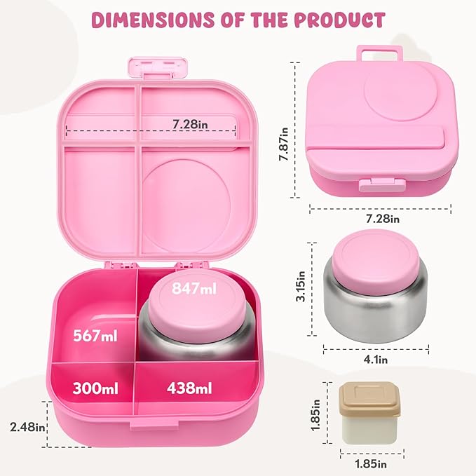 Bento Lunch Box with 12oz Soup Thermo,4 Compartments Lunch Box Containers, Spoon&Sauce Jar, BPA Free&Leak proof,Insulated Food Jar for Travel(Pink)