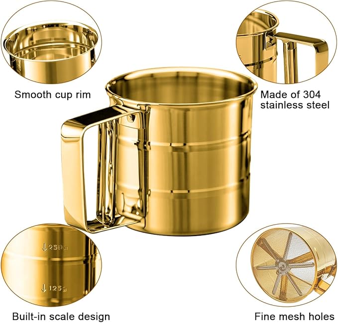 Gold Flour Sifter Baking Tool Set, findTop Stainless Steel 4-Piece Kit with 10" Whisk, Dough Scraper & 5 Measuring Spoons, Mirror Polished, Easy to Clean, for Cake Bread Cookie Prep