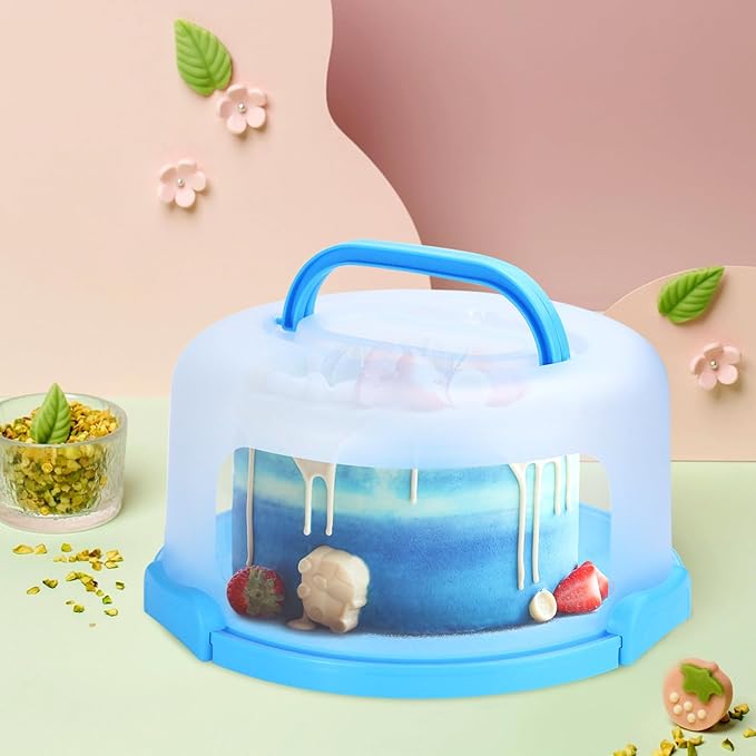 Cake Carrier with Lid and Handle, Fit 10’’ Cake Stand with Lid, Cake Transport Storage Container, Cake Containers Cover Stand with Lids, 3 Secure Side Closures (Blue)