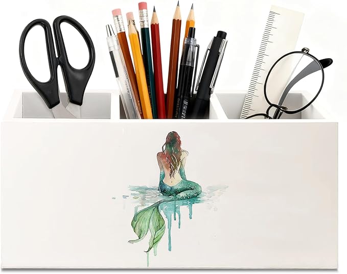 Coastal Beach Mermaid Wooden Utensils Holder, Coastal Kitchen Decor, Watercolor Green Mermaid Wood Cooking Utensil Holder Organizer for Kitchen Countertop Counter Decor