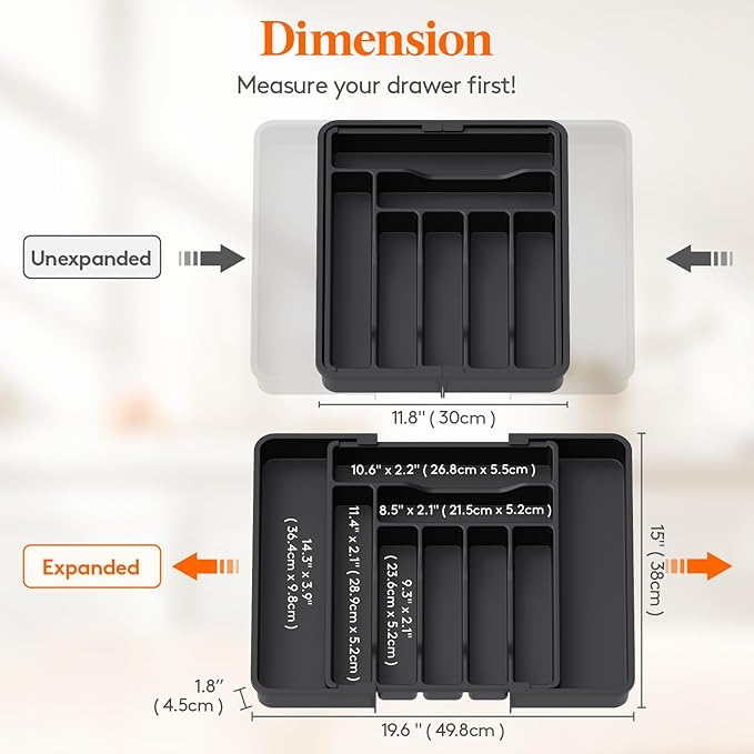Lifewit Utensil Organizer for Kitchen Drawer, Expandable Cooking Silverware Tray, Adjustable Cutlery Flatware Holder, Plastic Spatula Tools Storage Divider, 11.8-19.6 x 15", Black