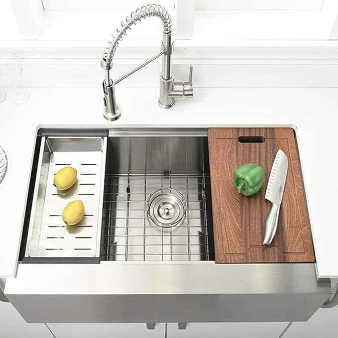 33 Inch Farmhouse Sink Workstation -VOKIM 33X22 inch Farm sink Stainless Steel 16 Gauge Ledge Workstation Flat Apron-front Single Bowl Farm Kitchen Sink