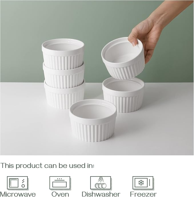 DOWAN Ramekins 12 oz Oven Safe, Creme Brulee Ramekin Souffle Dishes for Baking, Porcelain Samll Bowls for French Onion Soup, Dessert Custard Cups Sauce Dish, Set of 6, Soft White