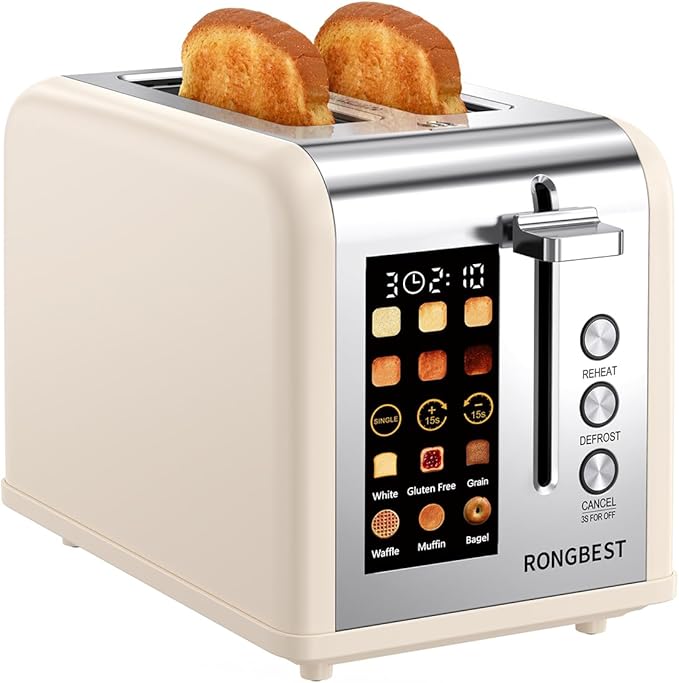 2 Slice Touch Screen Toaster Stainless Steel Digital Touchscreen with Wide Slots, Reheat & Defrost, Even Toasting for Bagel & Bread, Easy Removable Crumb Tray, Cream Color