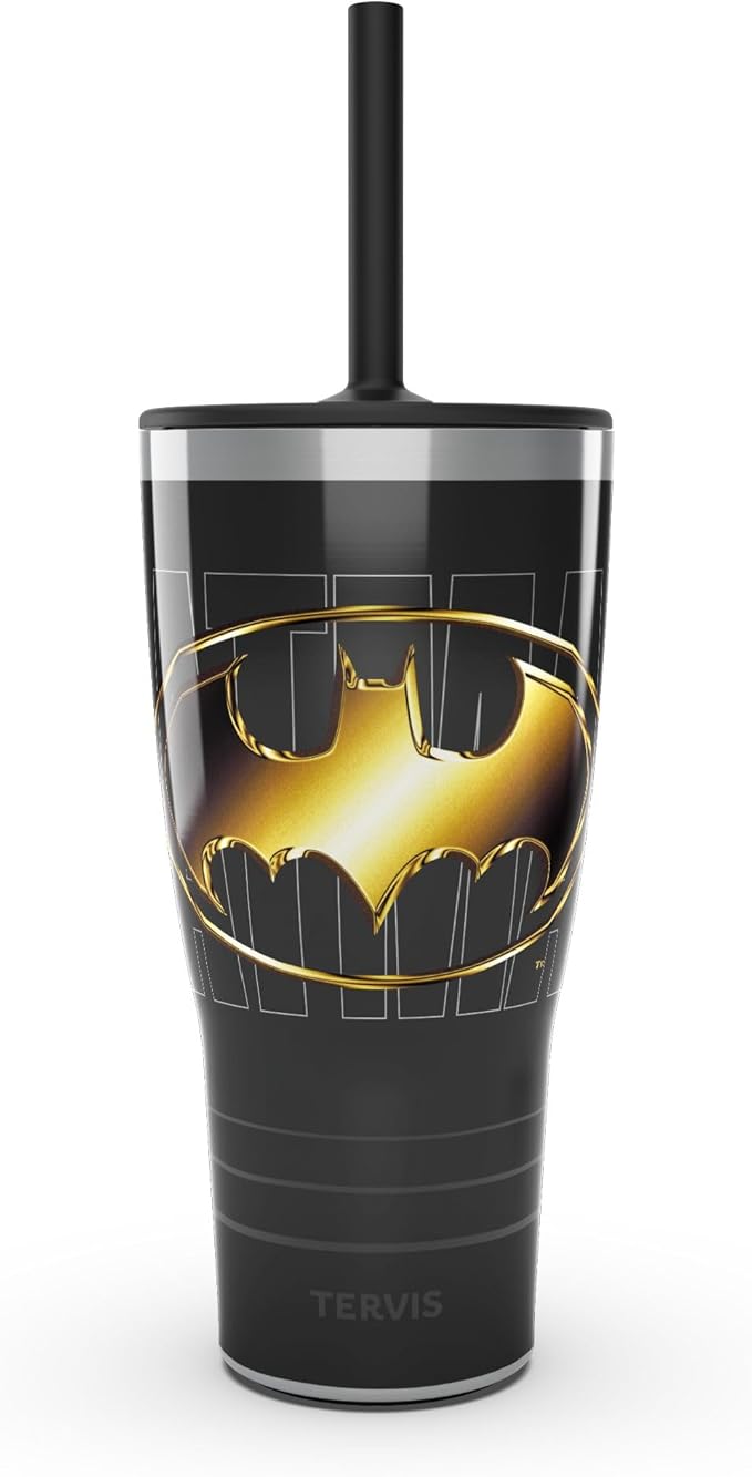 Tervis Traveler DC Comics - Batman - Gotham Gold Triple Walled Insulated Tumbler Travel Cup Keeps Drinks Cold & Hot, 30oz with Straw Lid, Stainless Steel