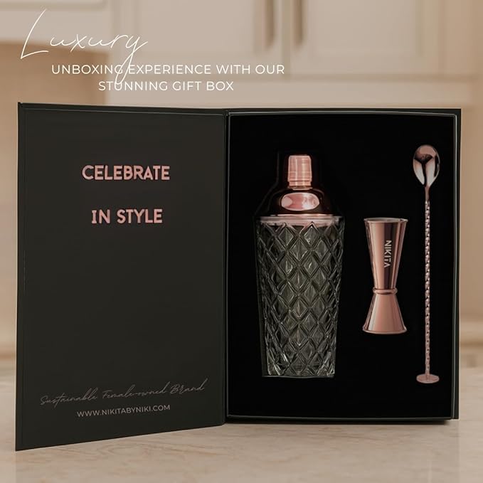 Nikita Cocktail Shaker, 5-Piece Martini Shaker & Bartender Kit with Bar Accessories Strainer, Jigger, Spoon & Muddler, Rose Gold 16oz Drink Mixer with Bartender Accessories