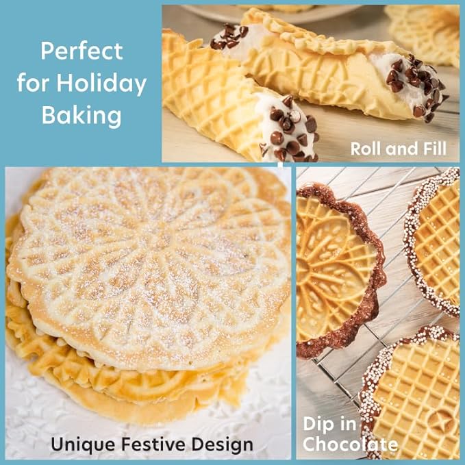Pizzelle Maker- Polished Electric Baker Press Makes Two 5-Inch Cookies at Once, Even Heating Plates- Must Have Party Baking Supplies - Italian Dessert Treat Making w Recipe - Mothers Day Gift for Her
