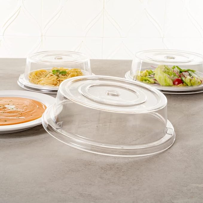 Restaurantware Cater Tek 10.2 Inch Polycarbonate Plate Cover 1 Shatterproof Dish Cover - Dishwashable Endures Up To 210F Clear Plastic Splatter Cover With Finger Hole For 10-Inch Plates