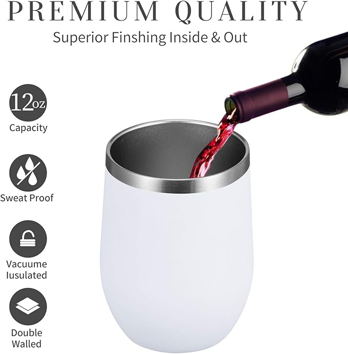 MEWAY 12 OZ/12 Pack Wine Tumbler Glasses with Lid -Double Wall Vacuum Stainless Steel Travel Tumbler Mug,Stemless Insulated Wine Cup for,Coffee,Cocktails,Gifts (White,Set of 12)