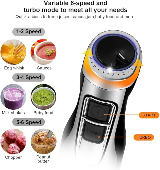 Immersion Hand Blender Multi-Purpose 220V 5 IN 1 Blender Heavy Duty Copper Motor Stainless Steel Finish Includes Whisk Attachment, Chopper and Smoothies Cup (HB3302 EU Plug)