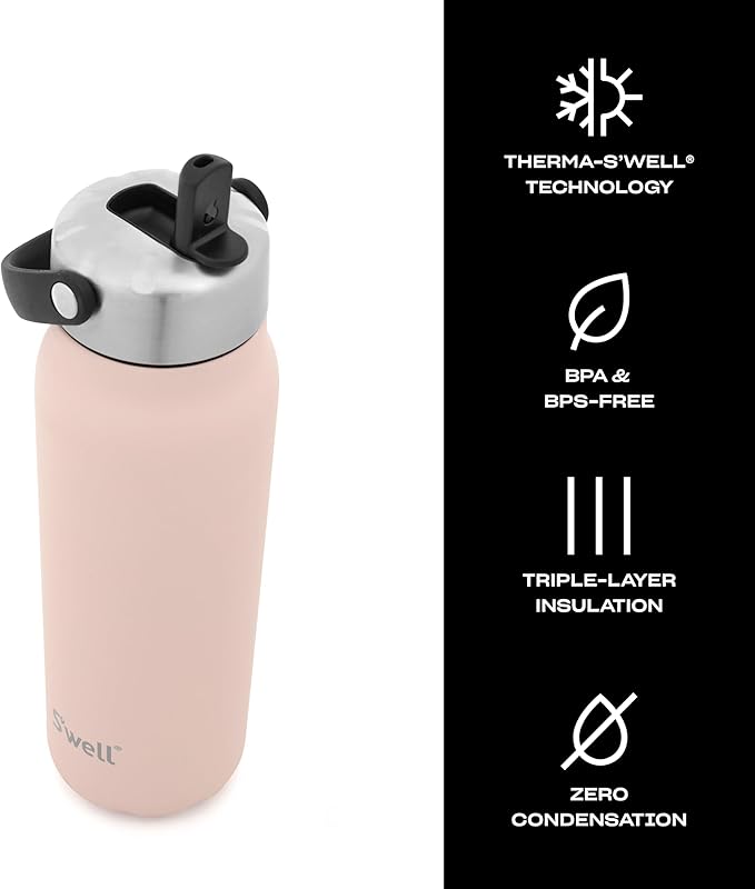 S'well Recycled Stainless Steel Explorer with Flip Straw Lid, 24oz, Himalayan Salt, Triple Layered Vacuum Insulated Containers Keeps Drinks Cold for 36 Hours and Hot for 8