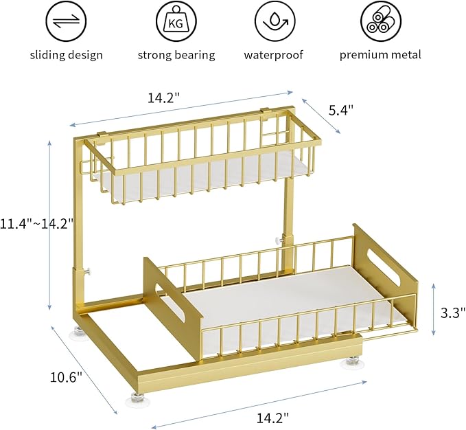 Saydear Under Sink Organizer Storage 2-Tier Premium Metal Pull-Out Kitchen Cabinet Organizer with Sliding Drawer, Height Adjustable, Heavy Duty for Kitchen & Bathroom Organizers 2 Pack Gold