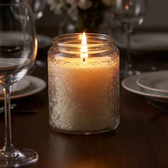 Art Secret 9-Pack 8oz Embossed Glass Candle Jars with Lids and Labels - Sun Moon Stars Design (Clear)