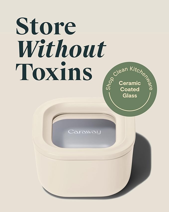Caraway 2pc Glass Food Storage Set - 1.75 Cup Food Containers (2) - Non-Toxic Ceramic-Coated Glass - Air Release Technology - Compact & Stackable Design - Cream