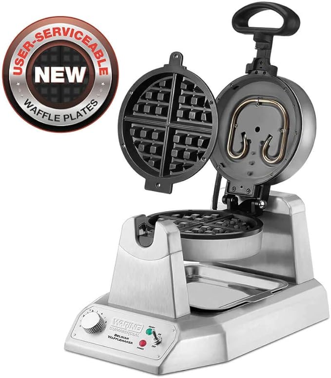 Waring Commercial WW180X Heavy Duty Single Belgian Waffle Maker, Coated Non Stick Cooking Plates, Produces 25 waffles per hour, 120V, 1200W, 5-15 Phase Plug, Silver, 12.5 x 17.88 x 10.5 inches