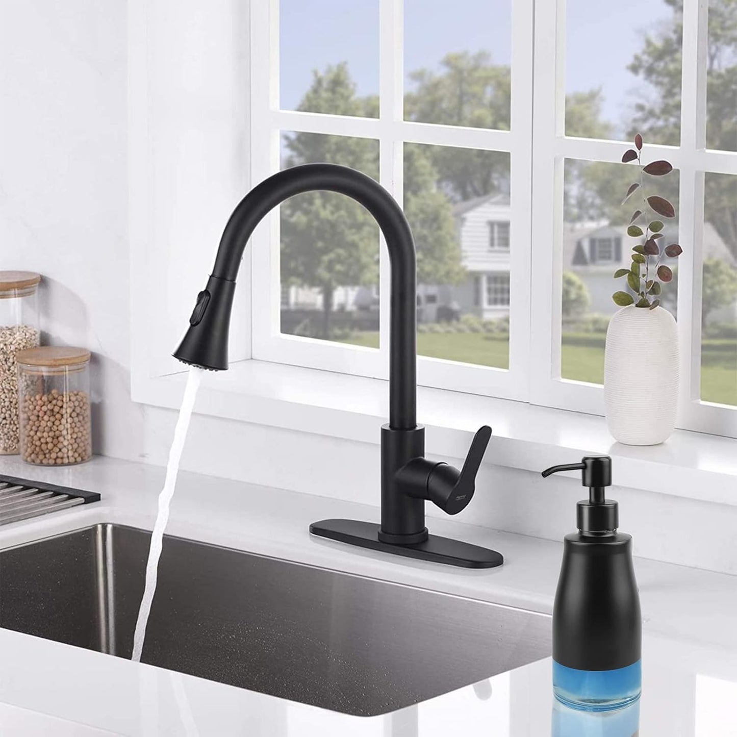 Soap Dispenser with Stickers, Stainless Steel Case Glass Liner Hand Pump Dispenser, Refillable Dish Soap Dispenser for Kitchen Bathroom, Decorative Liquid Hand Soap Dispensers Matte Black(10 OZ)