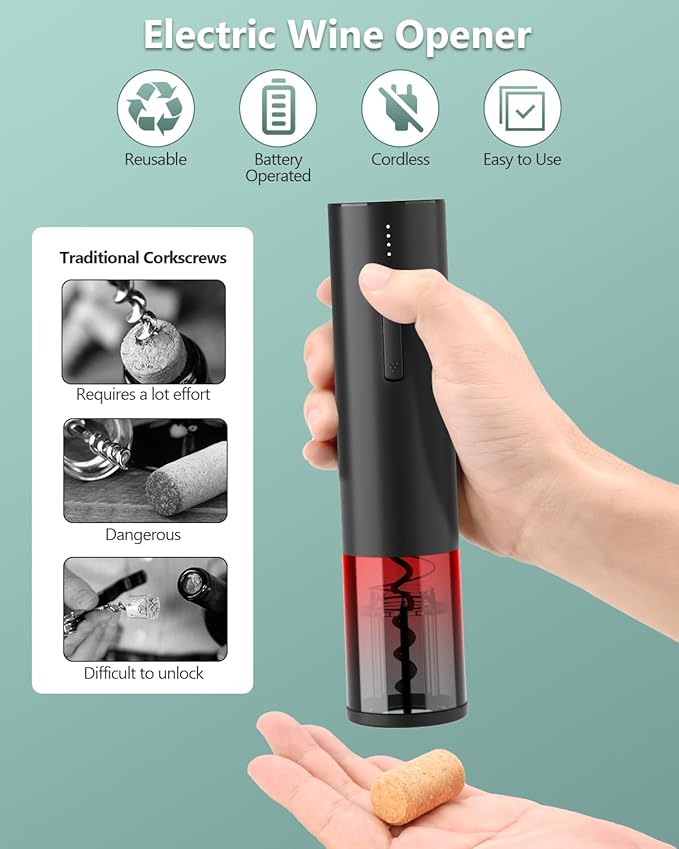 Electric Wine Opener Gift Set - Premium Wine Accessories with Wine Aerator, Vacuum Stopper, Foil Cutter and Gift Box - Ideal Valentines Gift for Wine Lovers and Special Celebrations