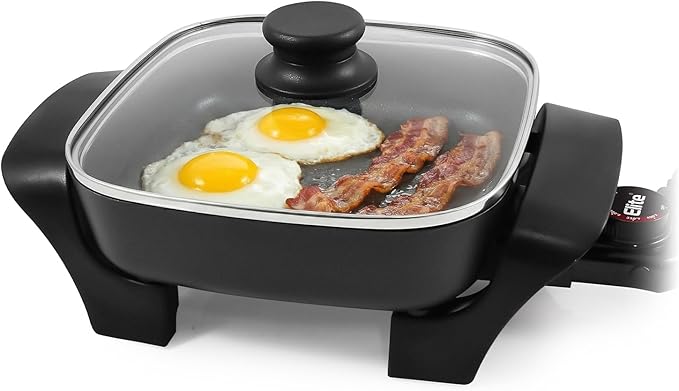 Elite Gourmet EG808 8” x 8" Non-stick Electric Skillet, Dishwasher Safe with Tempered Glass Vented Lid, Rapid Heat Up, 600W, Black