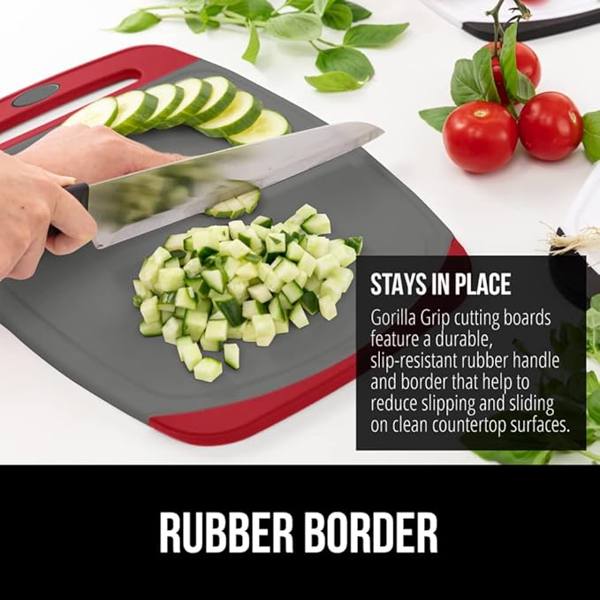 GORILLA GRIP BPA-Free Reversible Kitchen Cutting Board Set of 3, US Designed, Nonporous, Juice Grooves Catch Liquid, Slip Resistant Border, Dishwasher Safe, Durable Large Food Chopping Boards Red Gray