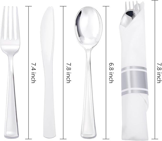 Liacere 100 Pack Silver Plastic Silverware-Pre Wrapped cutlery and Napkin-Pre Rolled Silverware Disposable 100 Forks, 100 Knives 100 Spoons, 100 Napkins Plastic Utensils＆Father's Day＆Independence Day